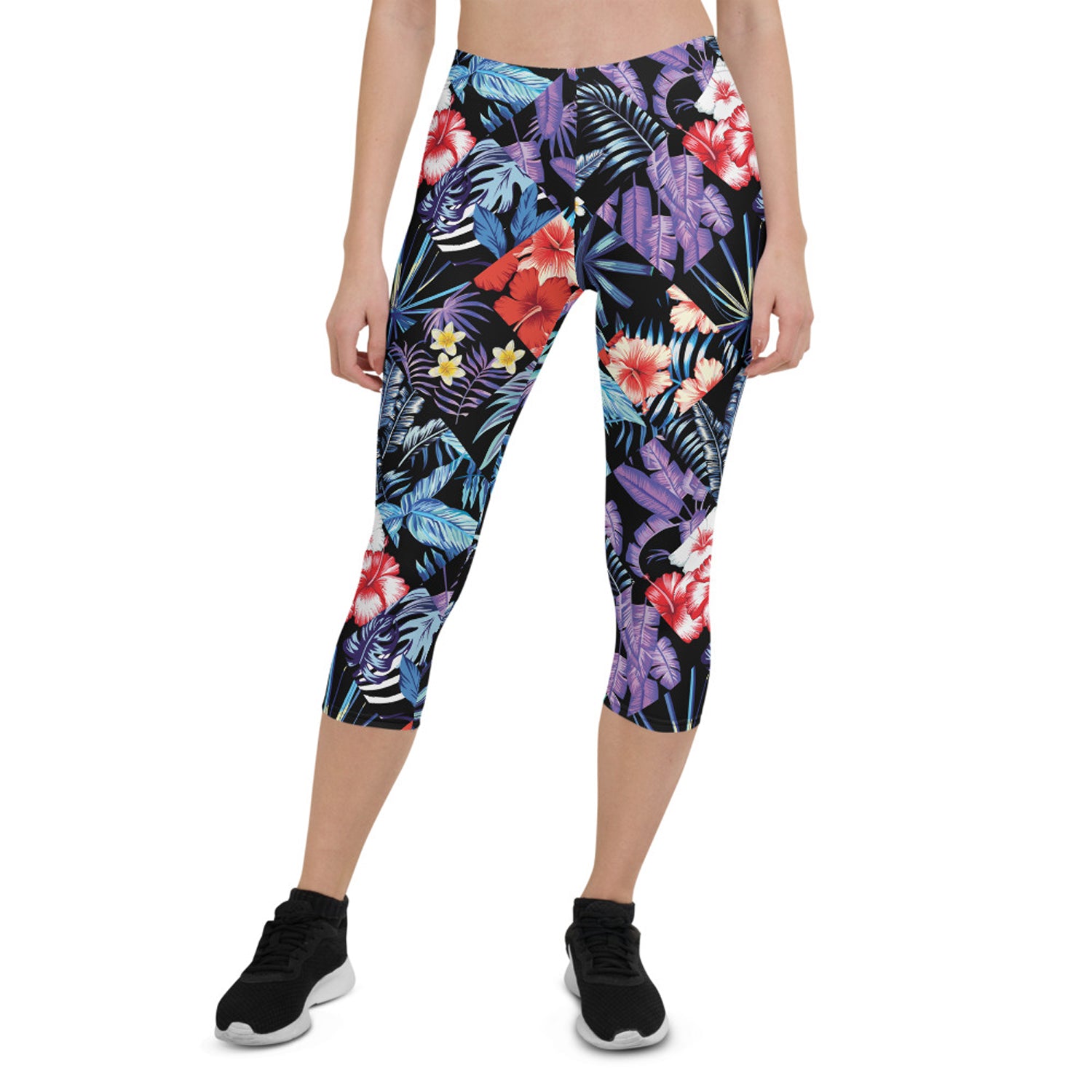 Women's Hawaii Hibiscus Floral Capri Leggings featuring vibrant floral design, perfect for workouts and casual wear.