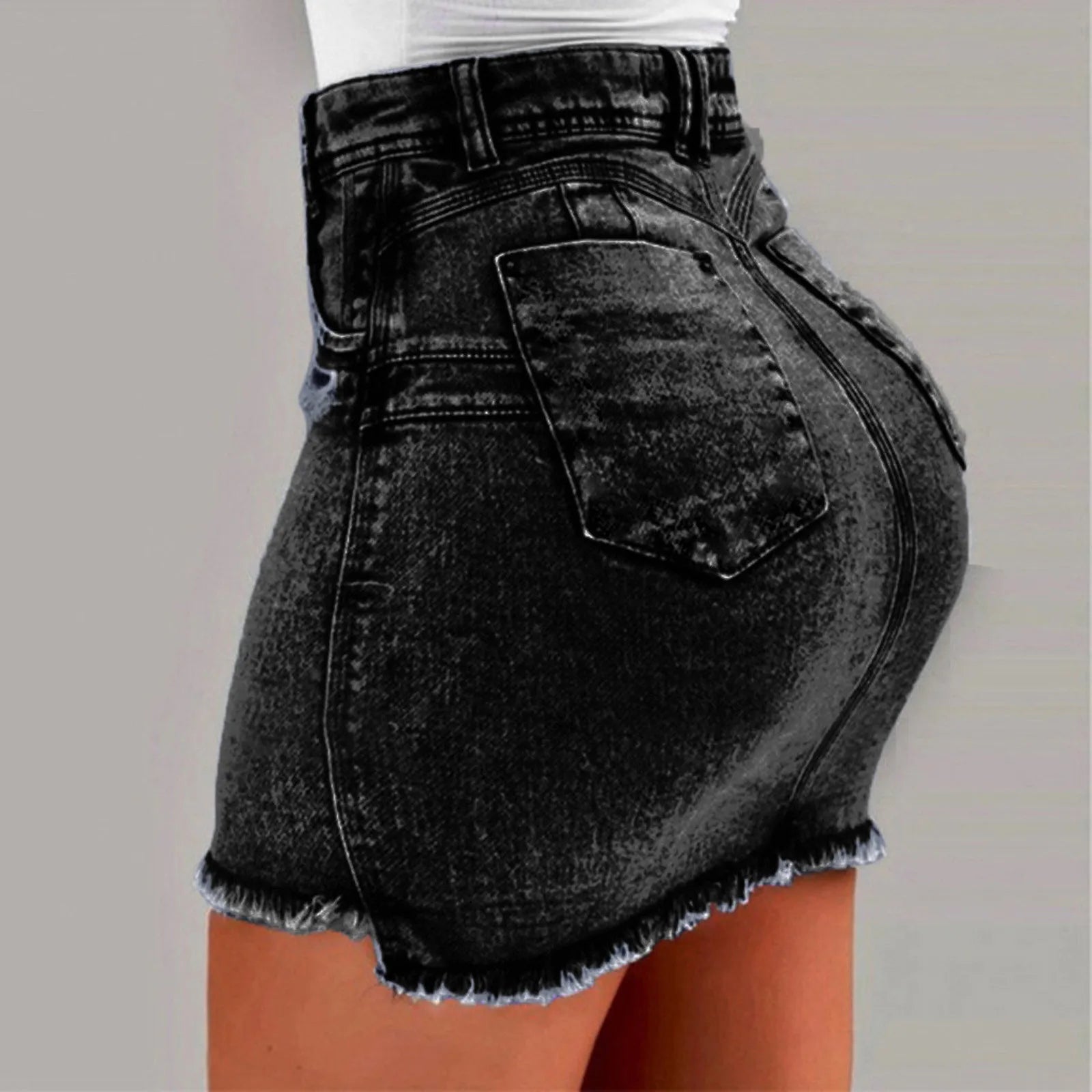 A stylish Women's High Stretch A-Line Mini Skirt in Washed Denim, showcasing its trendy design and comfortable fit.