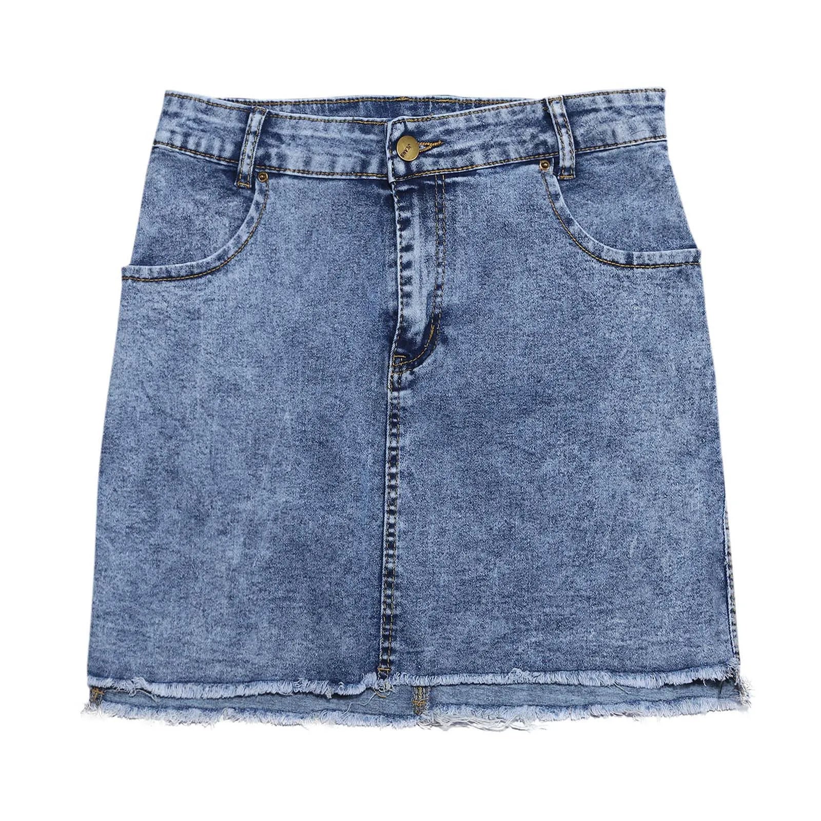A stylish Women's High Stretch A-Line Mini Skirt in Washed Denim, showcasing its trendy design and comfortable fit.