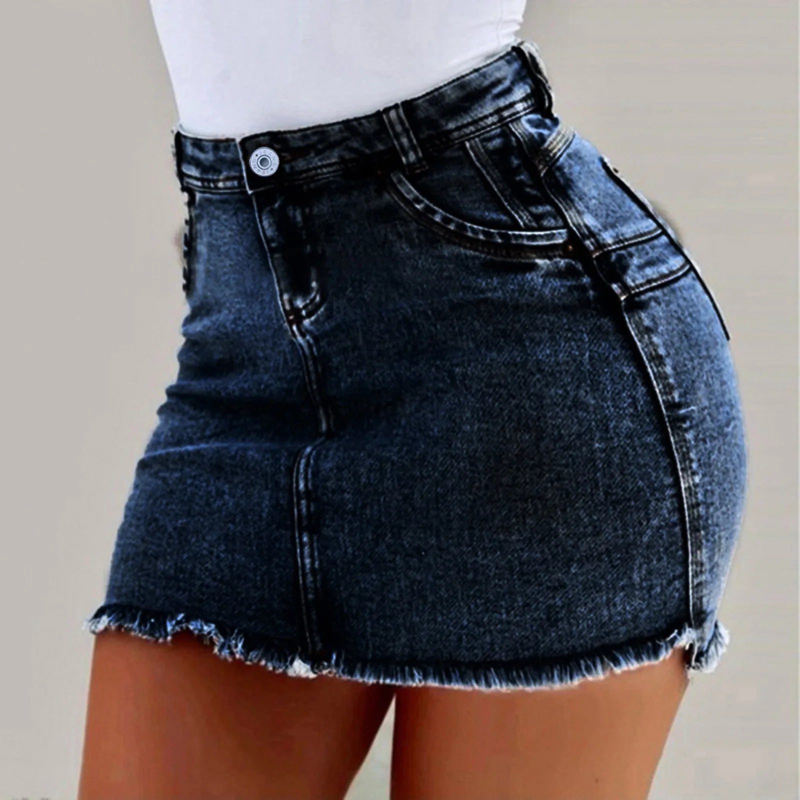A stylish Women's High Stretch A-Line Mini Skirt in Washed Denim, showcasing its trendy design and comfortable fit.