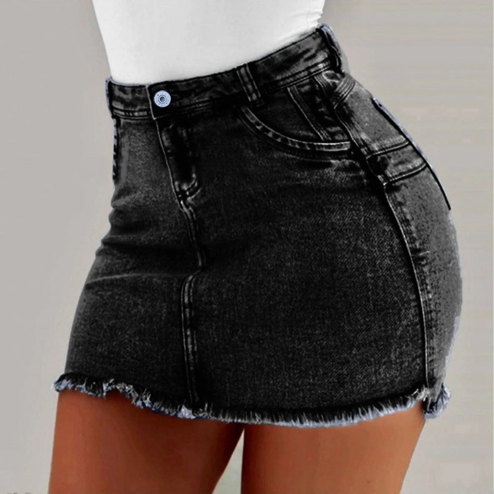 A stylish Women's High Stretch A-Line Mini Skirt in Washed Denim, showcasing its trendy design and comfortable fit.