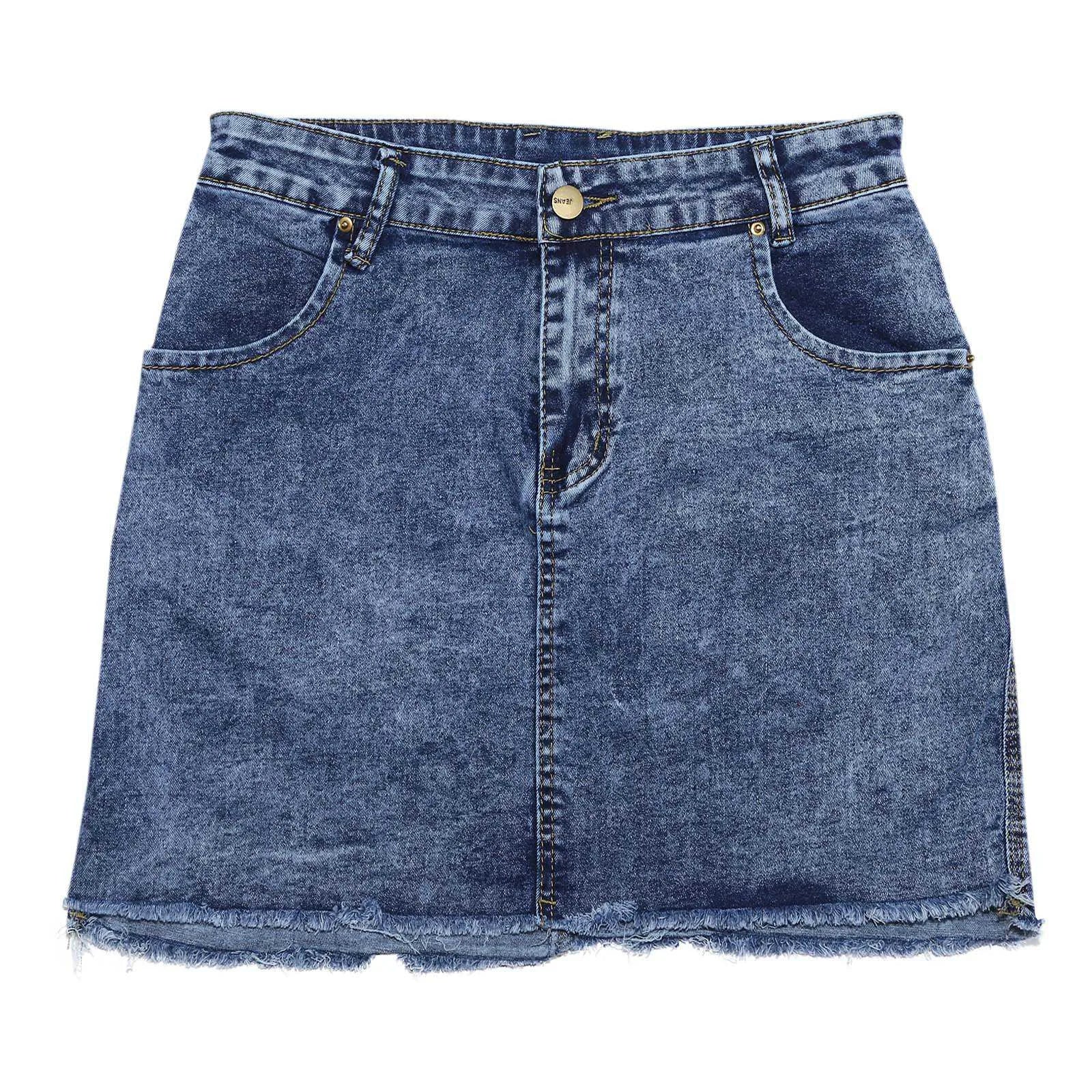 A stylish Women's High Stretch A-Line Mini Skirt in Washed Denim, showcasing its trendy design and comfortable fit.