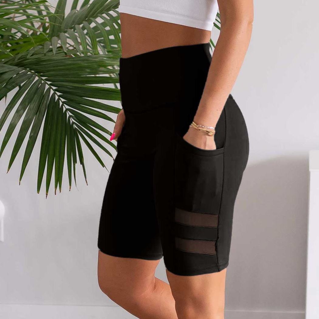 Womens High Waist Tummy Control Mesh Biker Shorts featuring a high waistband, mesh cutouts, and pockets, ideal for workouts.