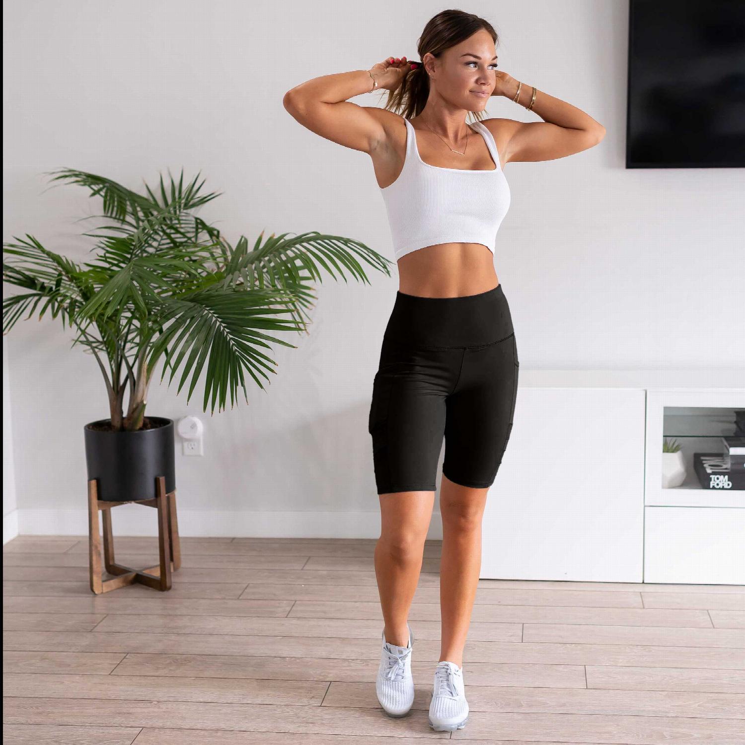 Womens High Waist Tummy Control Mesh Biker Shorts featuring a high waistband, mesh cutouts, and pockets, ideal for workouts.