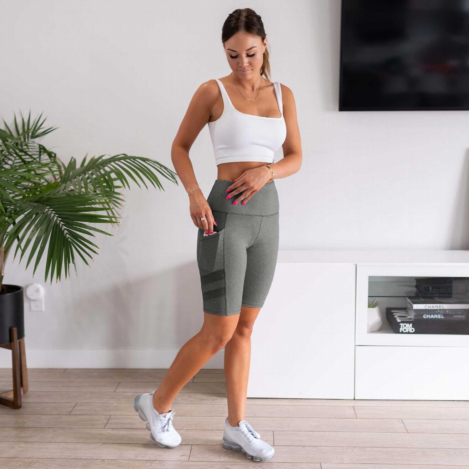 Womens High Waist Tummy Control Mesh Biker Shorts featuring a high waistband, mesh cutouts, and pockets, ideal for workouts.