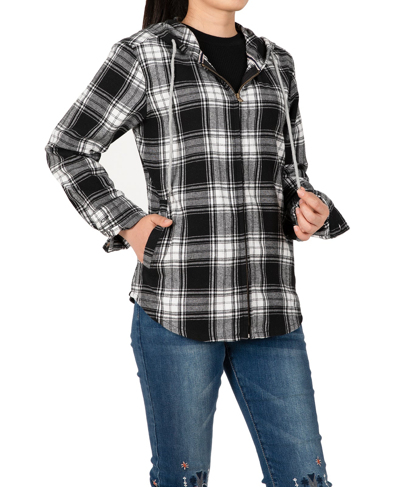 Women's Hooded Plaid Brushed Flannel Shirt in a stylish plaid pattern, featuring a full zip and cozy hood.
