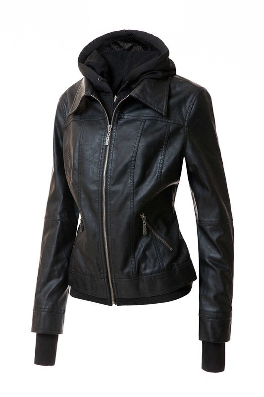 Women's Hooded Vegan Leather Jacket in various colors with detachable hood and stand collar design.