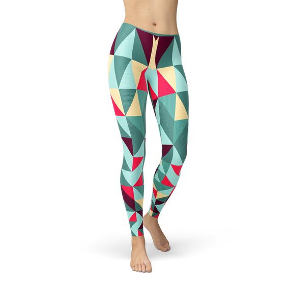 A pair of women's leggings featuring colorful geometric triangles, designed for comfort and performance during workouts.