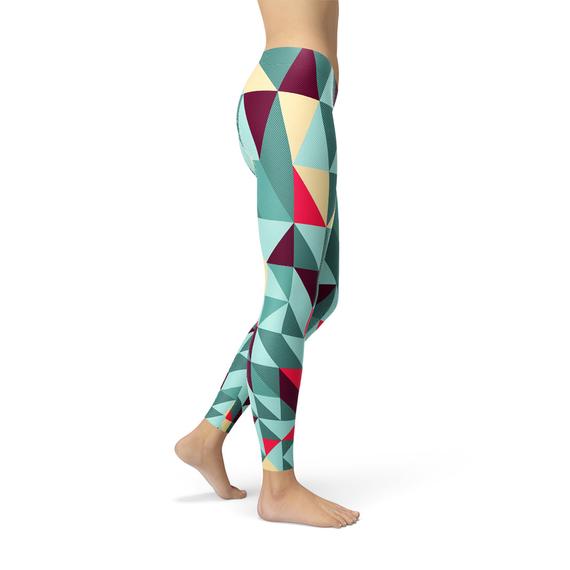 A pair of women's leggings featuring colorful geometric triangles, designed for comfort and performance during workouts.