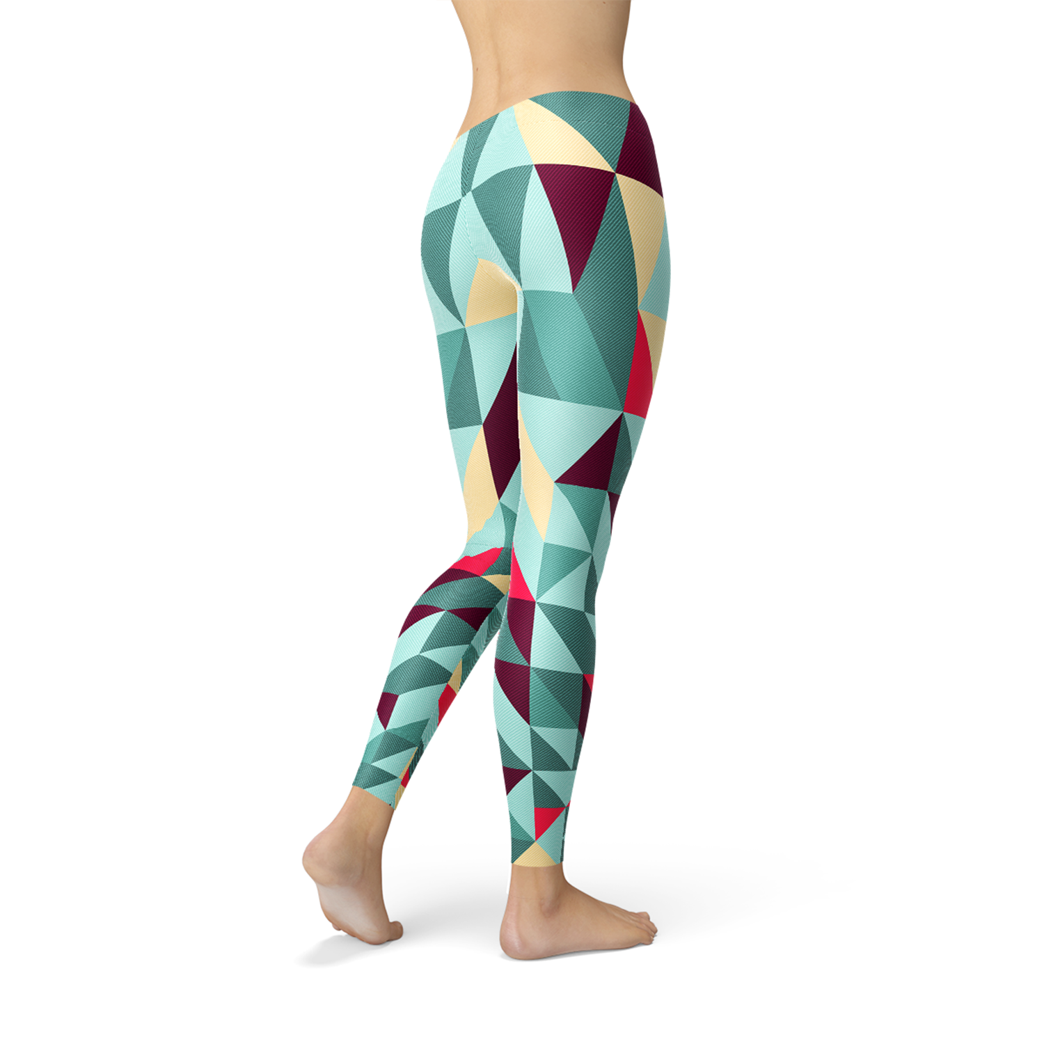 A pair of women's leggings featuring colorful geometric triangles, designed for comfort and performance during workouts.