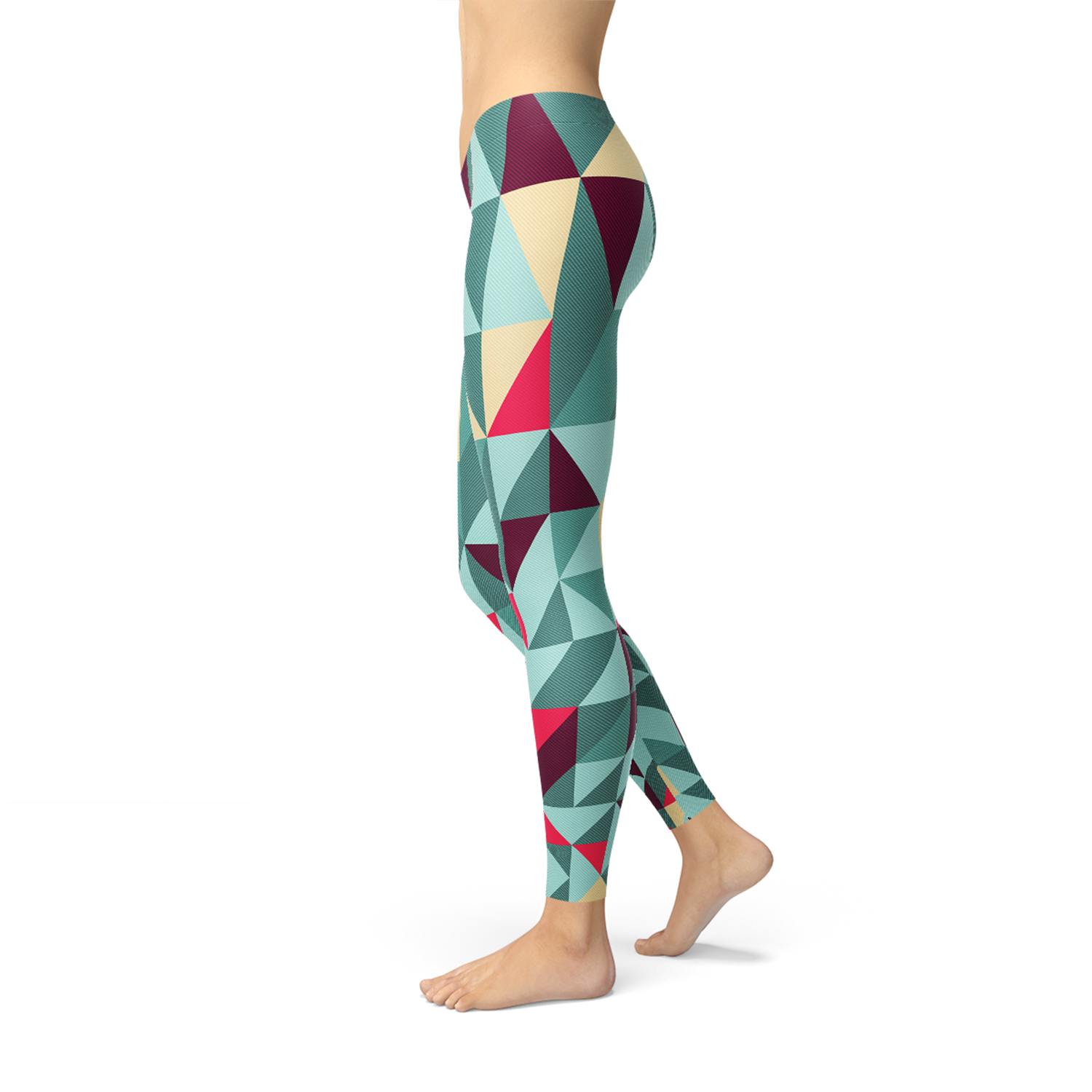 A pair of women's leggings featuring colorful geometric triangles, designed for comfort and performance during workouts.