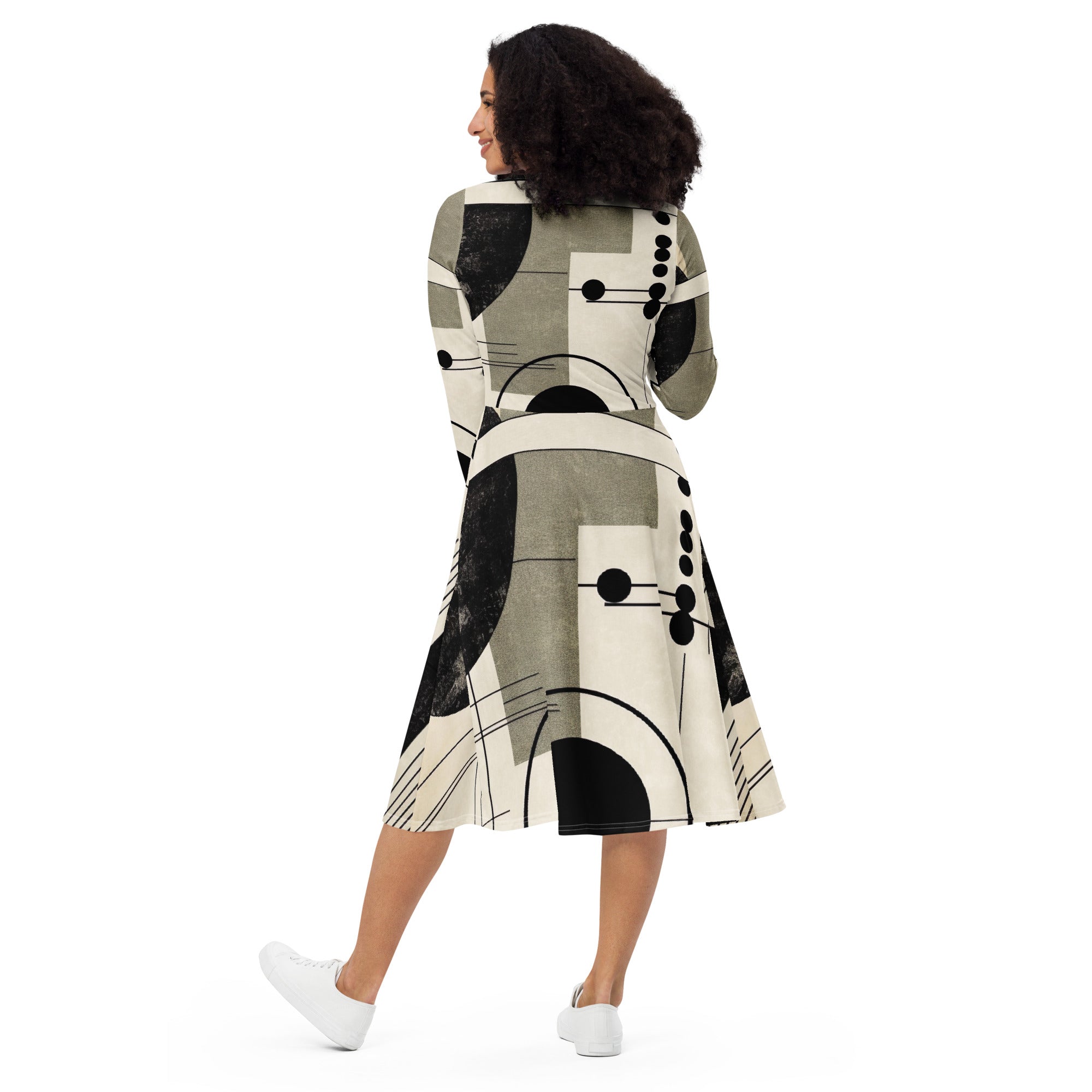 Womens Long Sleeve Midi Dress featuring an abstract black, beige, and brown geometric design, showcasing its flattering fit and side pockets.