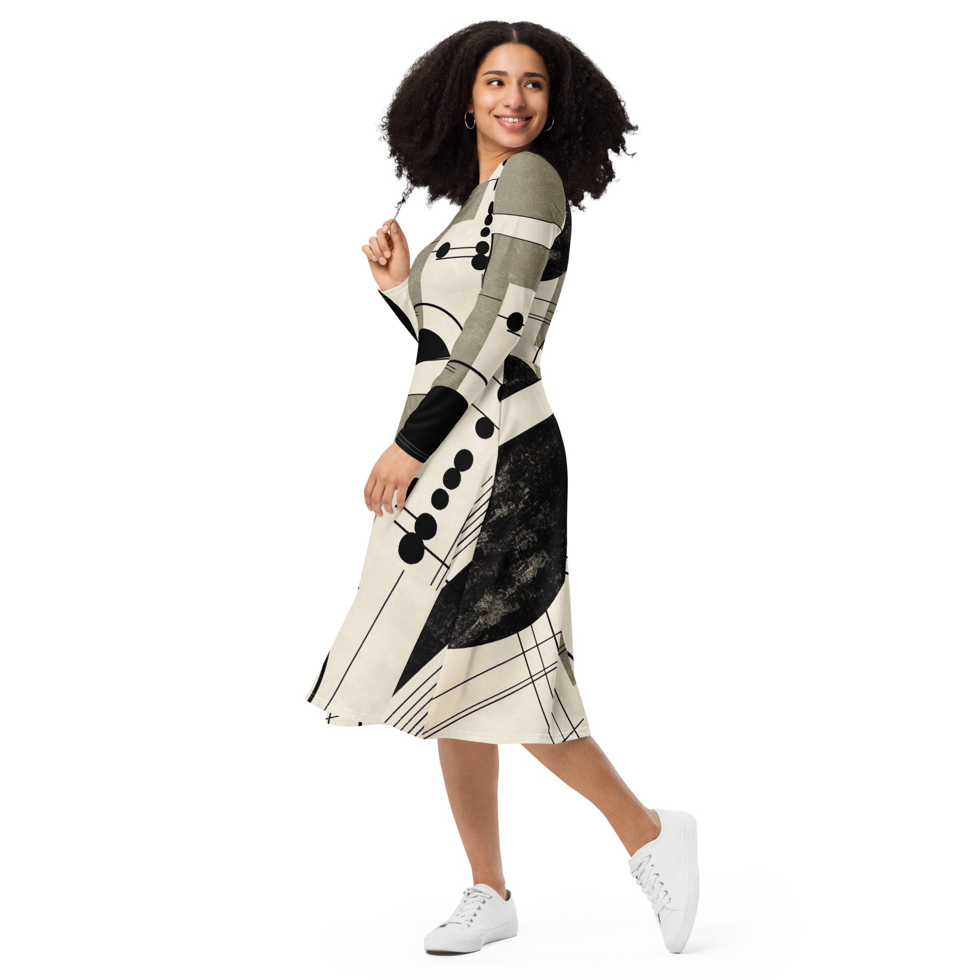 Womens Long Sleeve Midi Dress featuring an abstract black, beige, and brown geometric design, showcasing its flattering fit and side pockets.