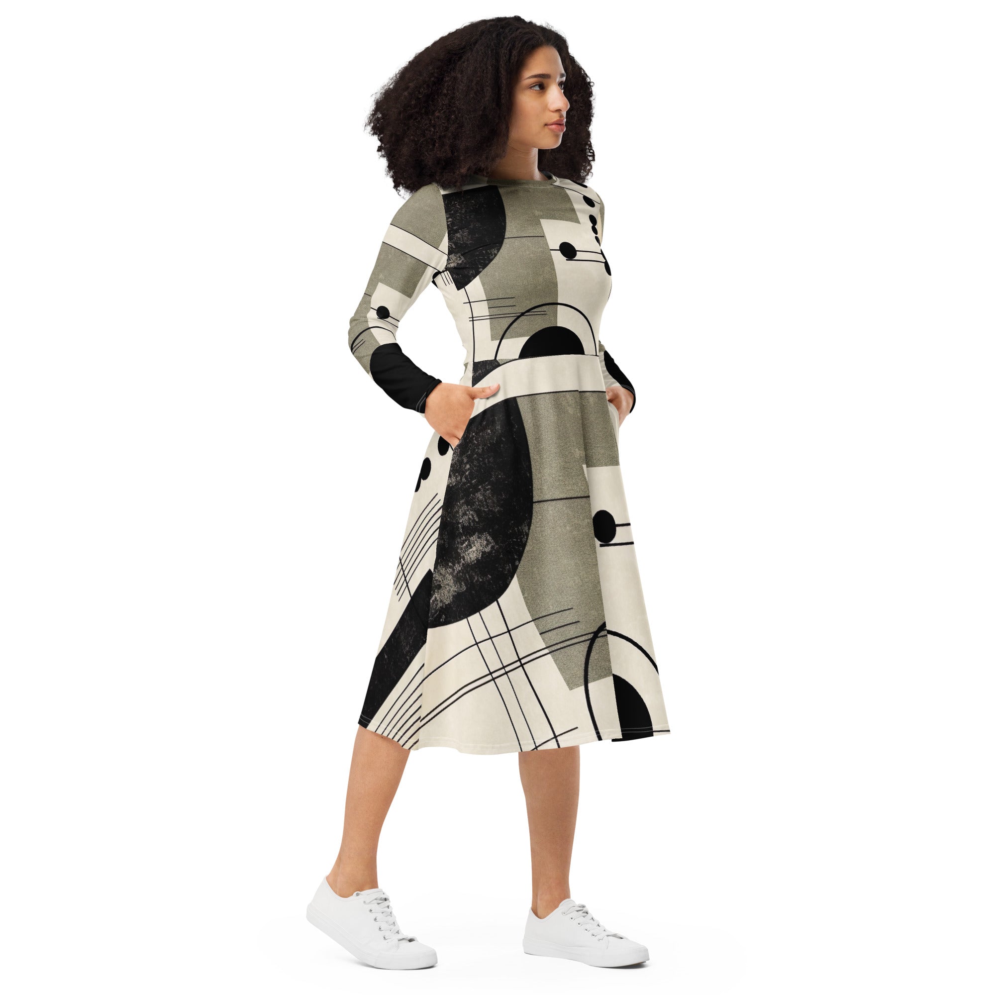 Womens Long Sleeve Midi Dress featuring an abstract black, beige, and brown geometric design, showcasing its flattering fit and side pockets.