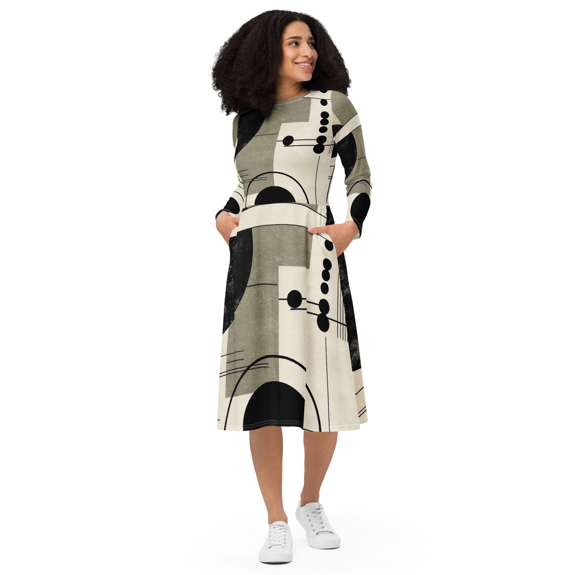 Womens Long Sleeve Midi Dress featuring an abstract black, beige, and brown geometric design, showcasing its flattering fit and side pockets.