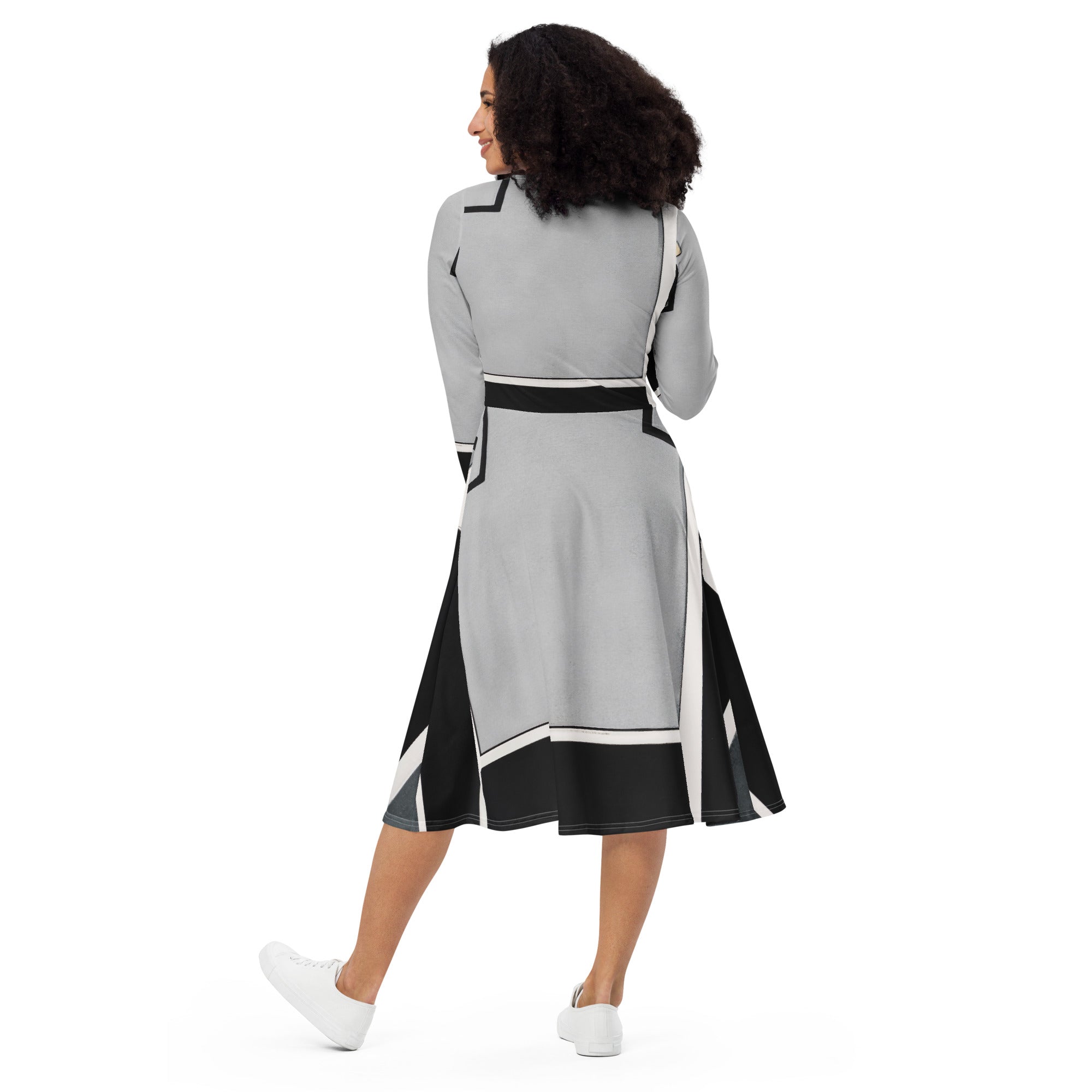 Womens Long Sleeve Midi Dress featuring a black-grey abstract pattern, showcasing its elegant design and comfortable fit.