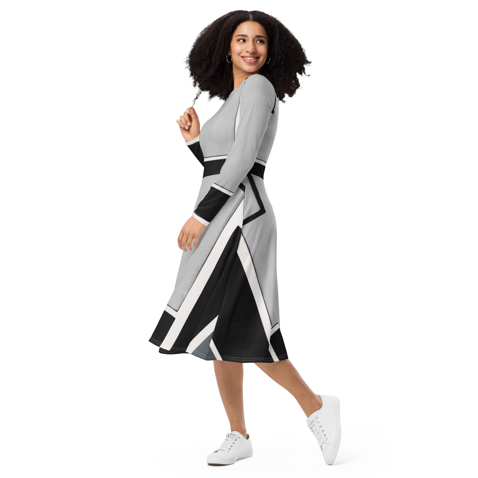 Womens Long Sleeve Midi Dress featuring a black-grey abstract pattern, showcasing its elegant design and comfortable fit.