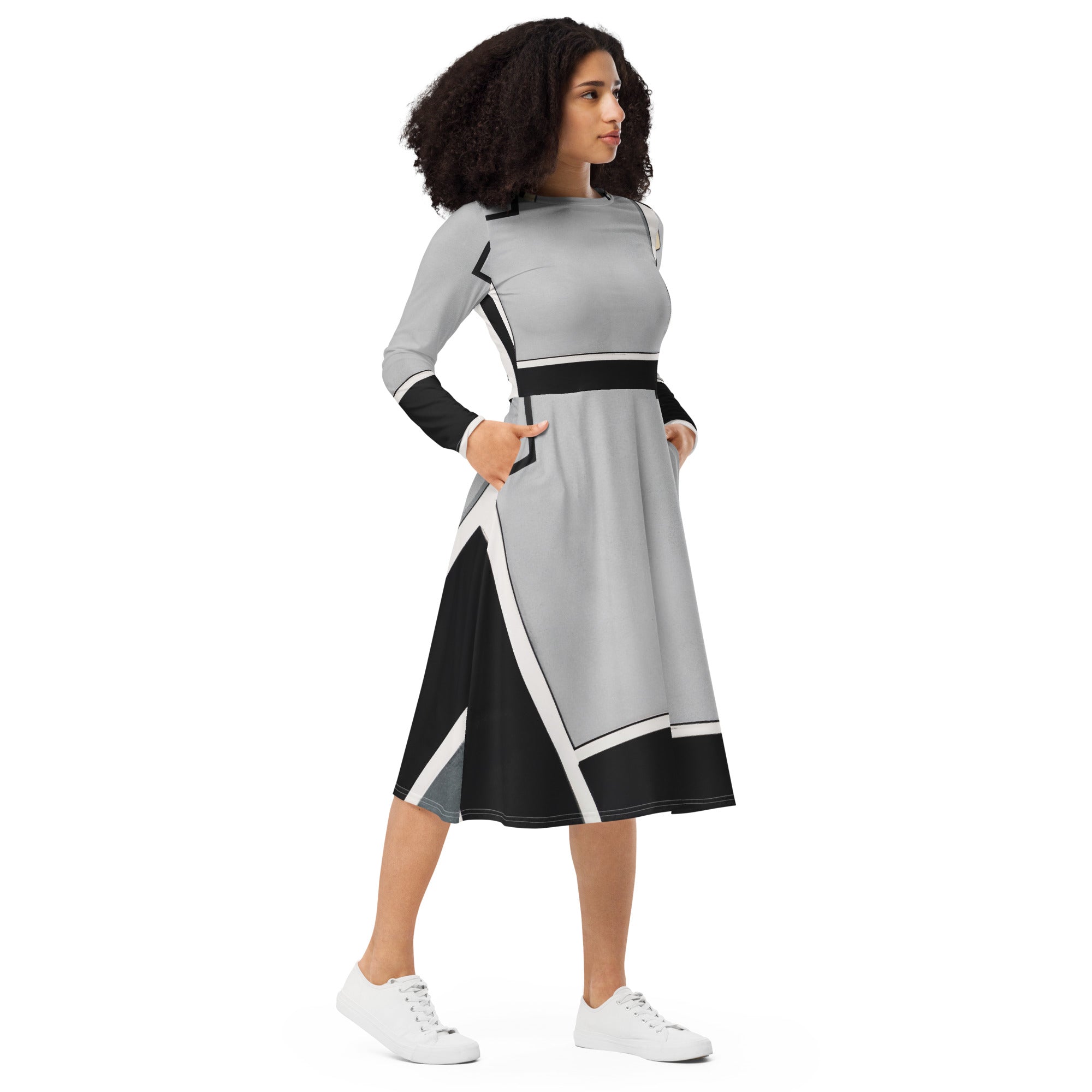 Womens Long Sleeve Midi Dress featuring a black-grey abstract pattern, showcasing its elegant design and comfortable fit.