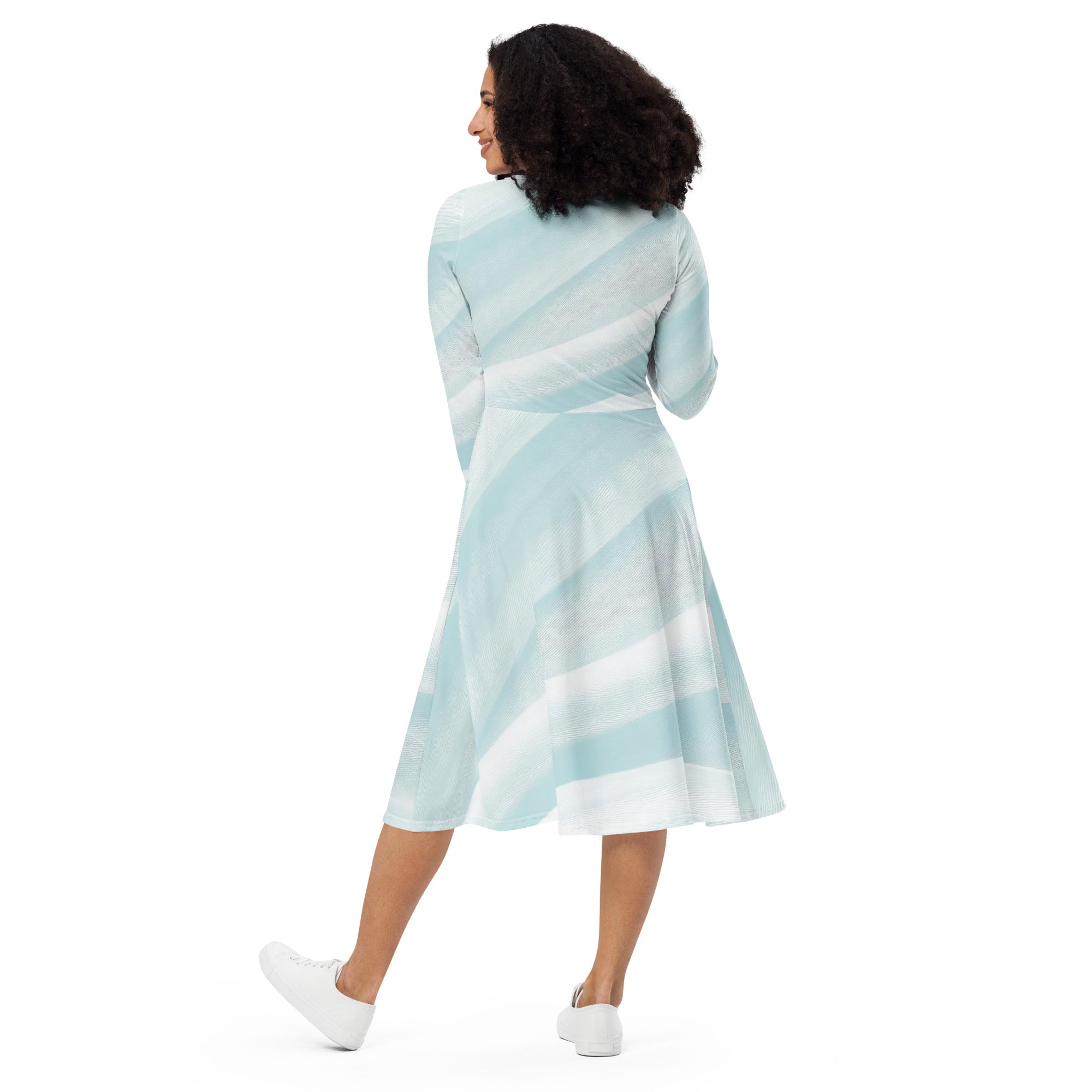 Womens Long Sleeve Midi Dress in Pastel Blue Swirl pattern, showcasing its elegant design and side pockets.