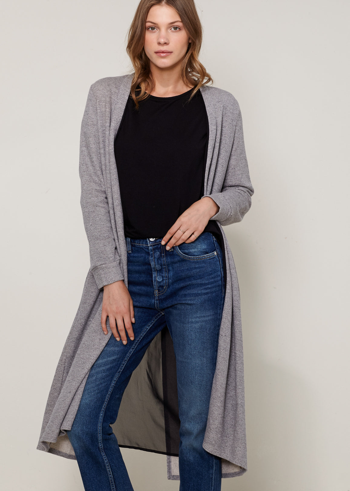Women's Longline Chiffon Contrast Cardigan featuring an open-front design and chiffon split back, knee-length for stylish layering.