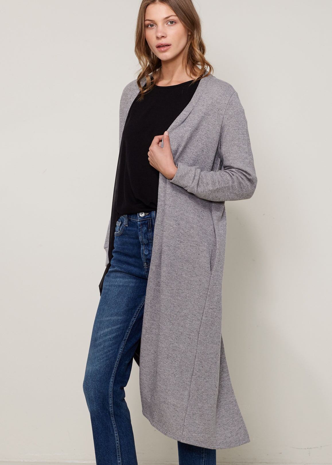Women's Longline Chiffon Contrast Cardigan featuring an open-front design and chiffon split back, knee-length for stylish layering.