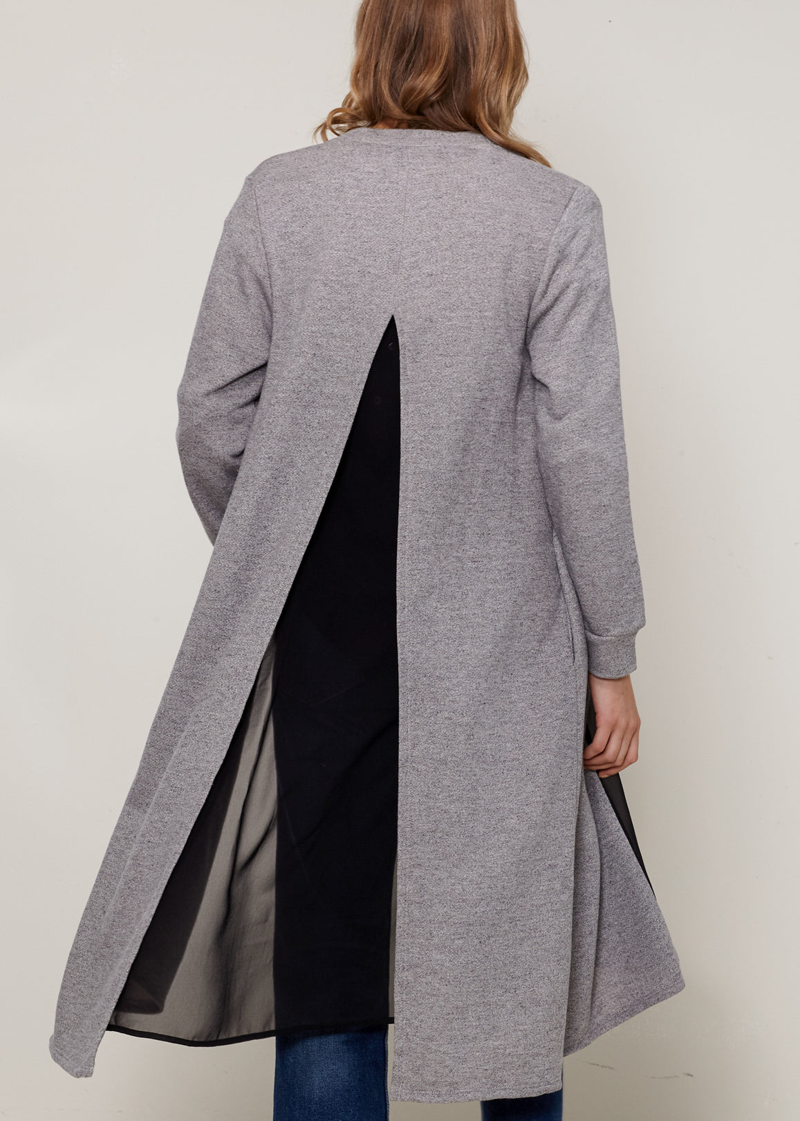 Women's Longline Chiffon Contrast Cardigan featuring an open-front design and chiffon split back, knee-length for stylish layering.