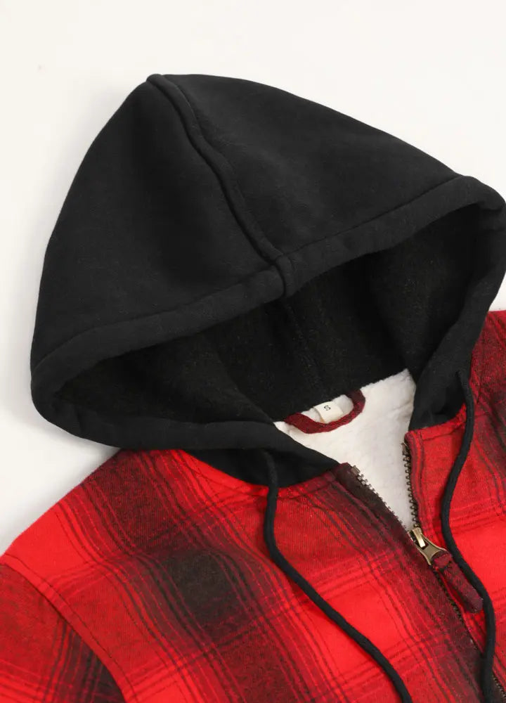 A vibrant red women's flannel hoodie lined with soft sherpa, perfect for family matching and outdoor adventures.