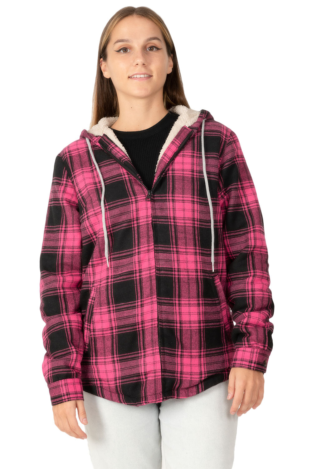 A stylish women's pink plaid flannel zip-up hoodie, perfect for family matching outfits, showcasing a cozy and trendy design.