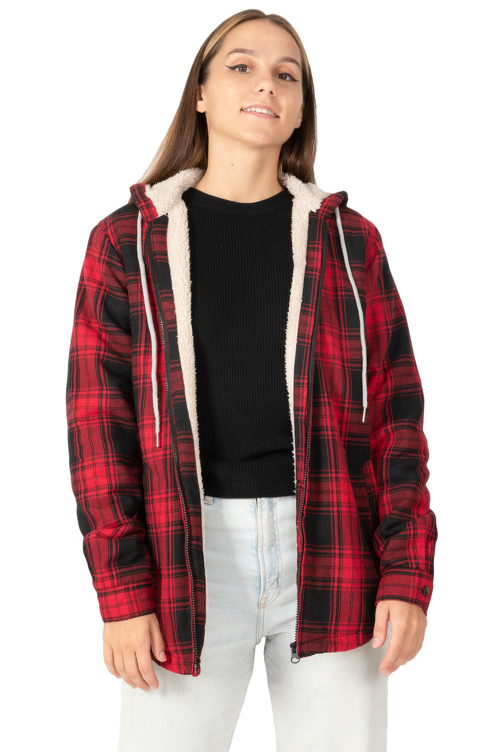 A cozy women's red plaid flannel zip-up hoodie, perfect for family matching outfits during winter outings.