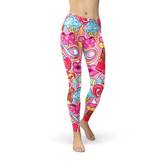 Womens Pink Candy Kawaii Legging featuring a vibrant pink design with a unique candy pattern, perfect for workouts and casual wear.