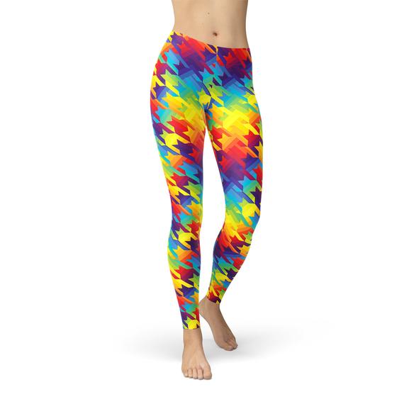 Womens Rainbow Houndstooth Leggings featuring a vibrant and unique design, perfect for workouts and casual wear.