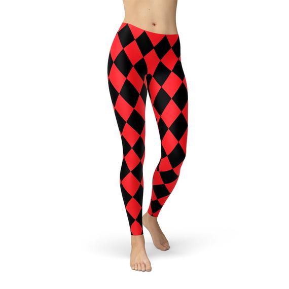 Womens Red and Black Jester Leggings featuring unique graphic designs and a comfortable fit, perfect for workouts and casual wear.