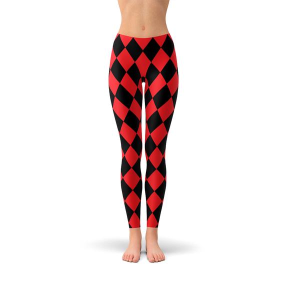 Womens Red and Black Jester Leggings featuring unique graphic designs and a comfortable fit, perfect for workouts and casual wear.