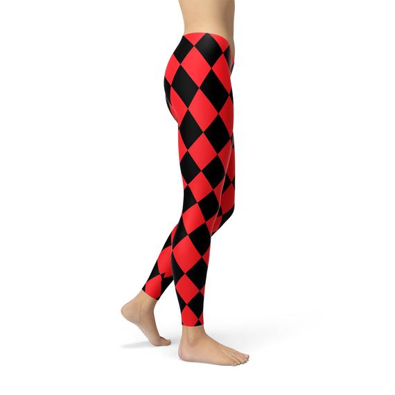 Womens Red and Black Jester Leggings featuring unique graphic designs and a comfortable fit, perfect for workouts and casual wear.