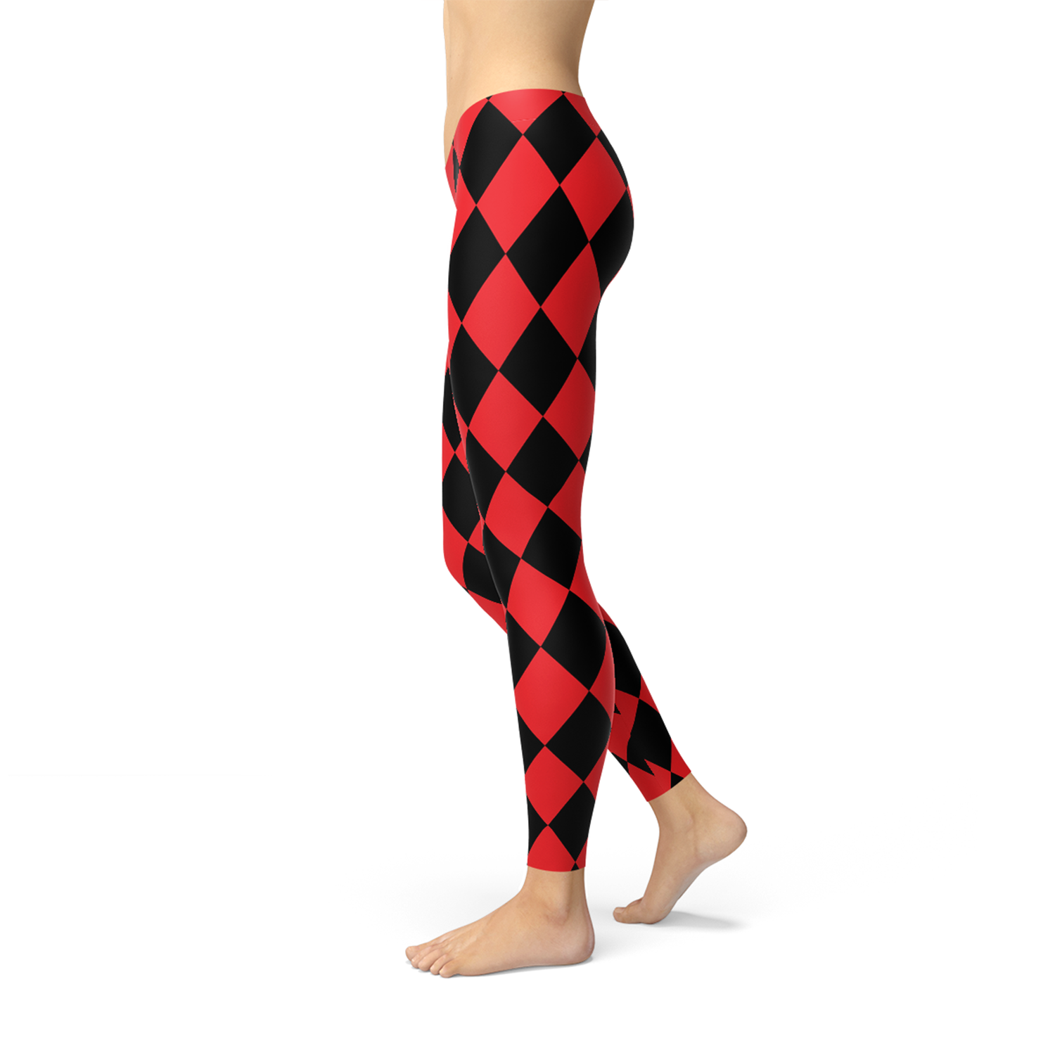 Womens Red and Black Jester Leggings featuring unique graphic designs and a comfortable fit, perfect for workouts and casual wear.