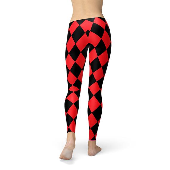 Womens Red and Black Jester Leggings featuring unique graphic designs and a comfortable fit, perfect for workouts and casual wear.