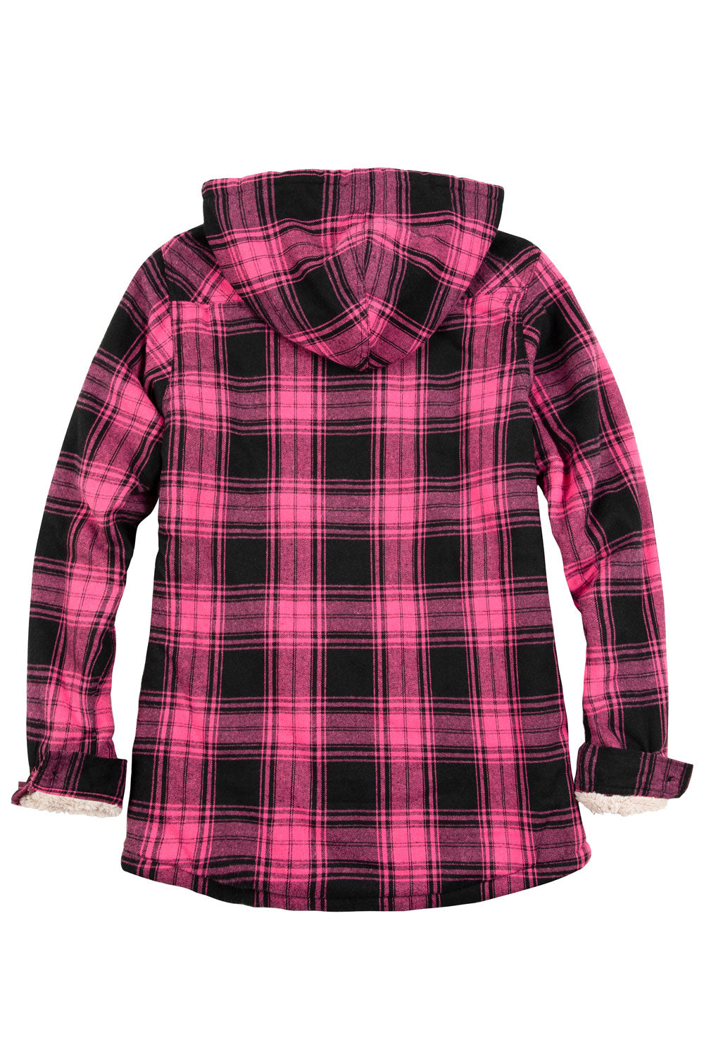 Women's Sherpa Lined Flannel Jacket with Hood in plaid pattern, showcasing soft sherpa lining and button-up design.