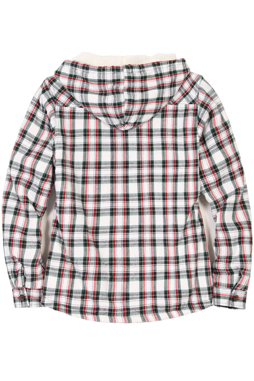 Women's Sherpa Lined Flannel Jacket with Hood in plaid pattern, showcasing soft sherpa lining and button-up design.