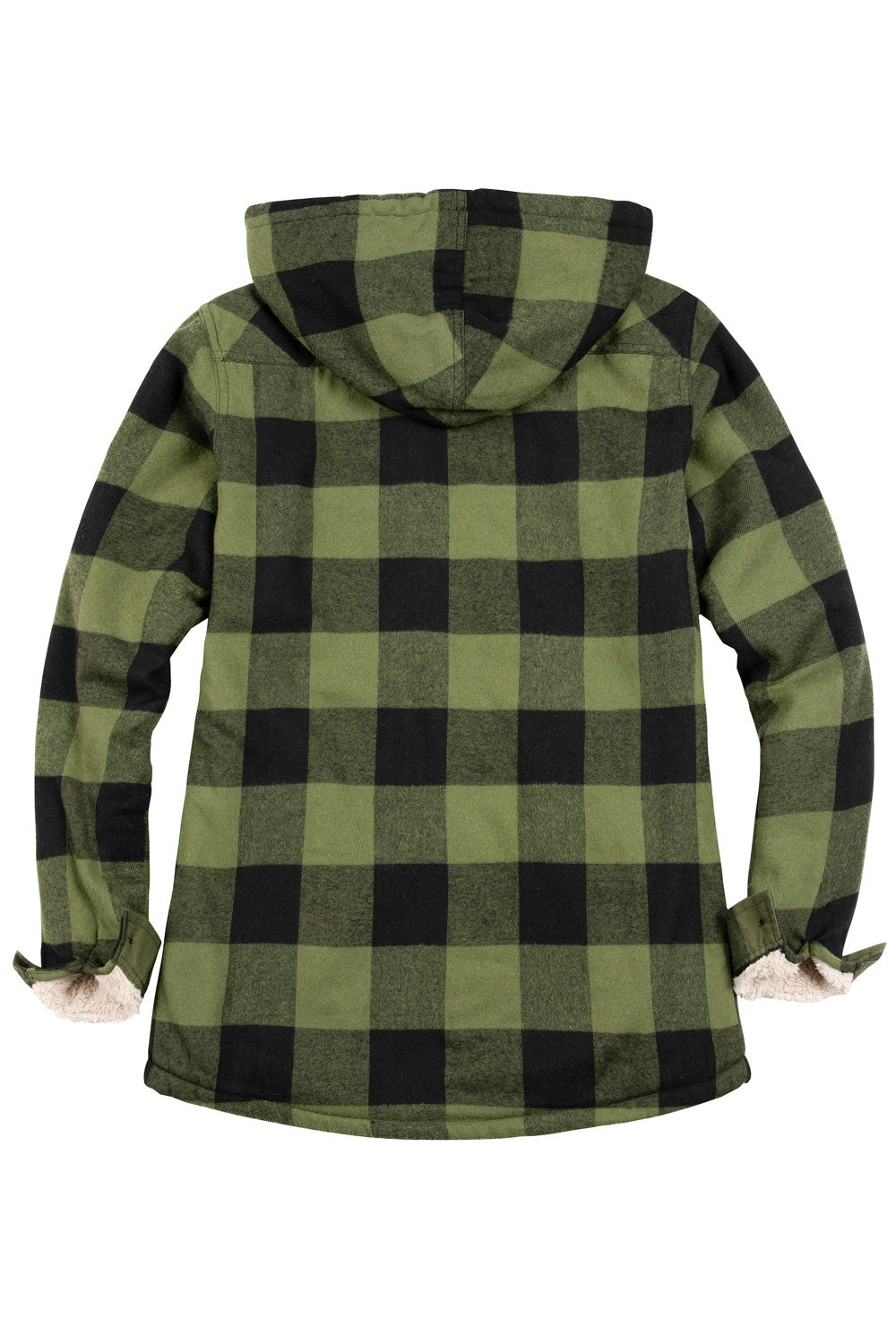 Women's Sherpa Lined Flannel Jacket with Hood in plaid pattern, showcasing soft sherpa lining and button-up design.