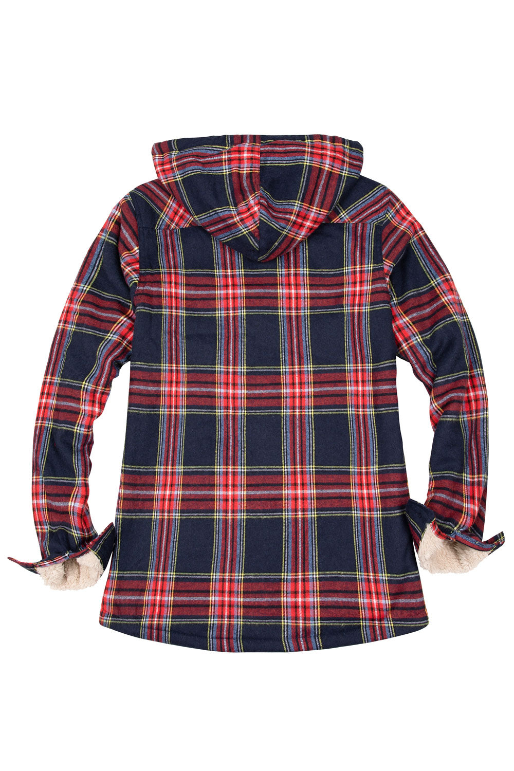 Women's Sherpa Lined Flannel Jacket with Hood in plaid pattern, showcasing soft sherpa lining and button-up design.