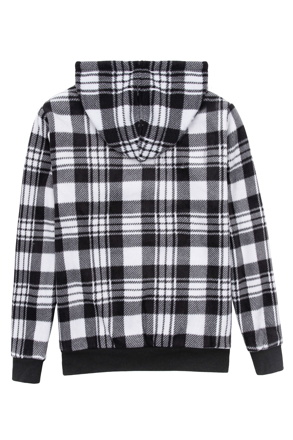 Women's Sherpa Lined Hoodie Jacket in plaid design, featuring a zip front and lined hood.