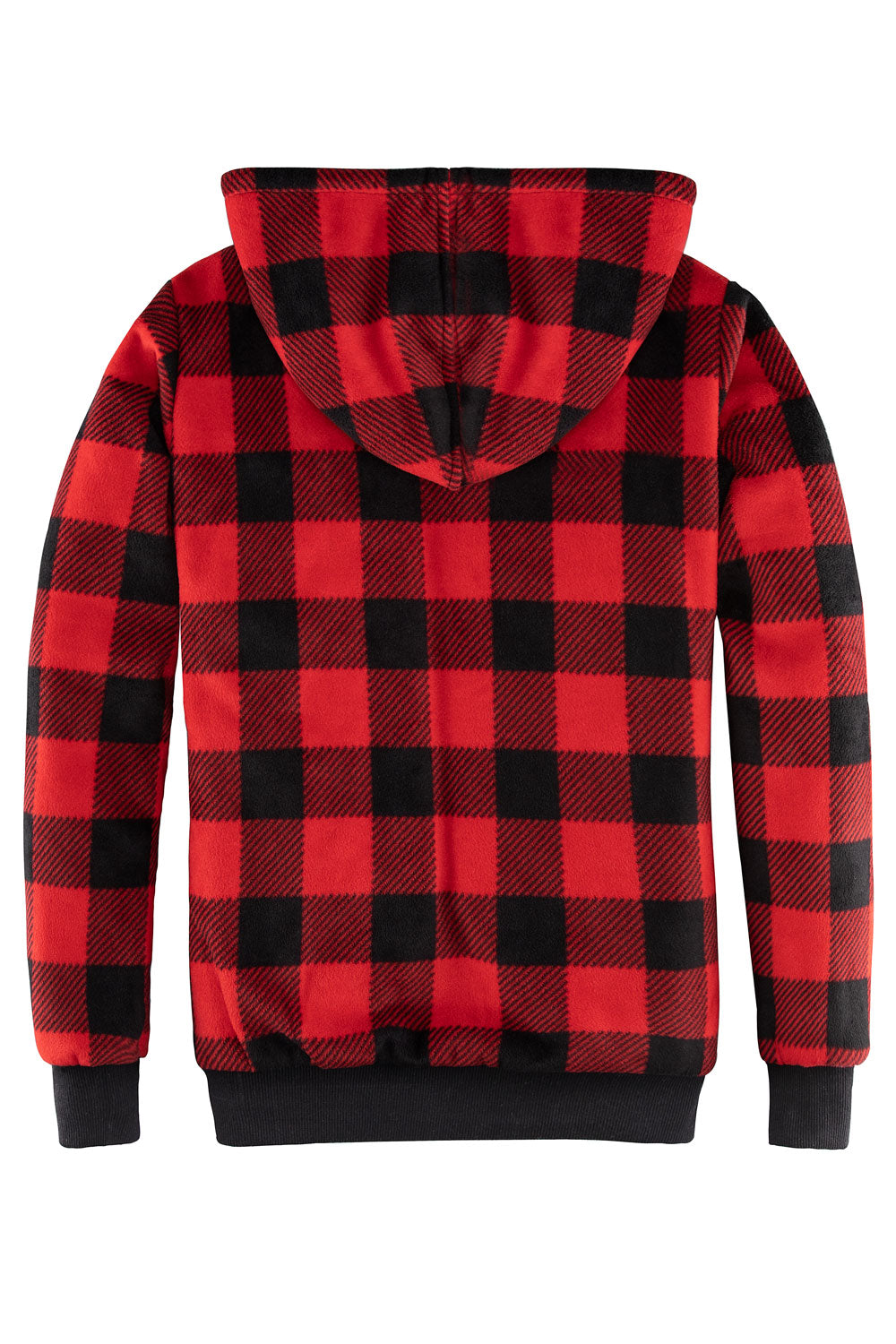 Women's Sherpa Lined Hoodie Jacket in plaid design, featuring a zip front and lined hood.