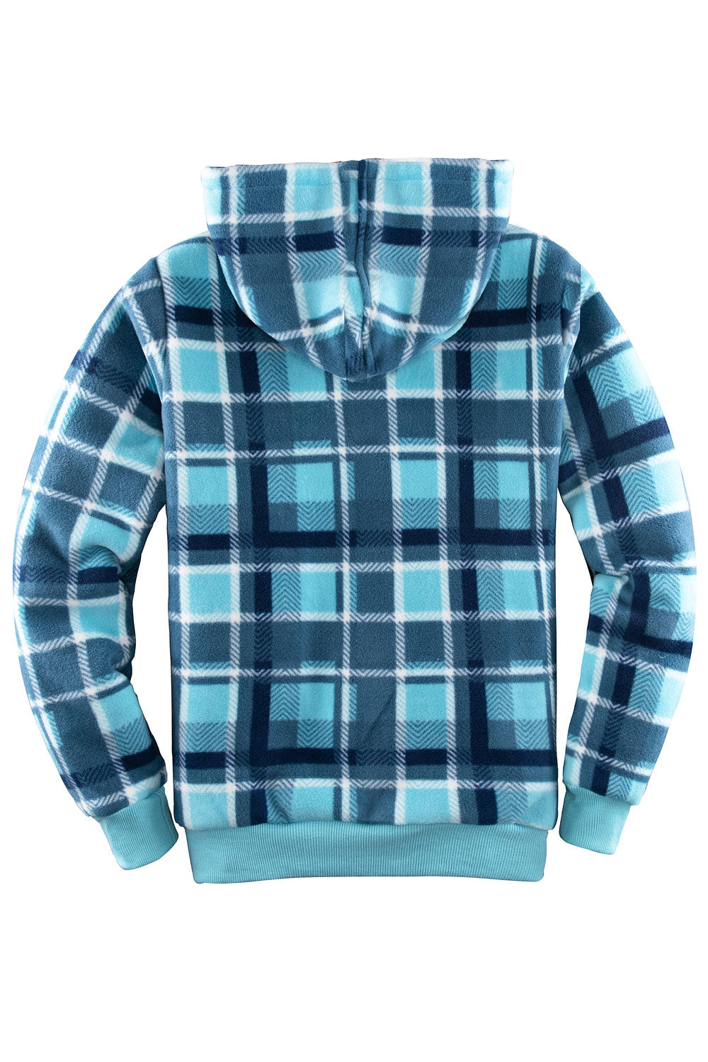 Women's Sherpa Lined Hoodie Jacket in plaid design, featuring a zip front and lined hood.