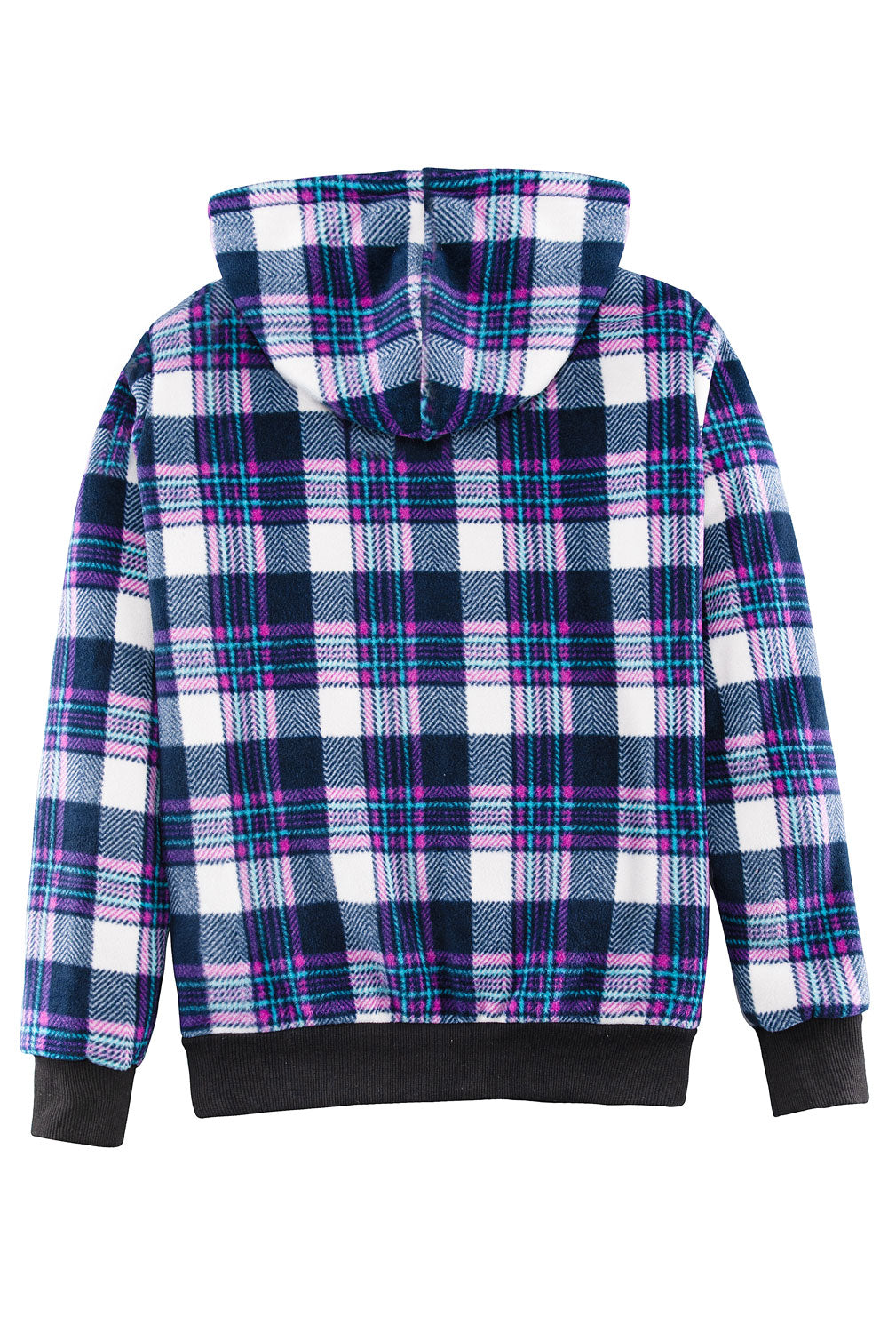 Women's Sherpa Lined Hoodie Jacket in plaid design, featuring a zip front and lined hood.
