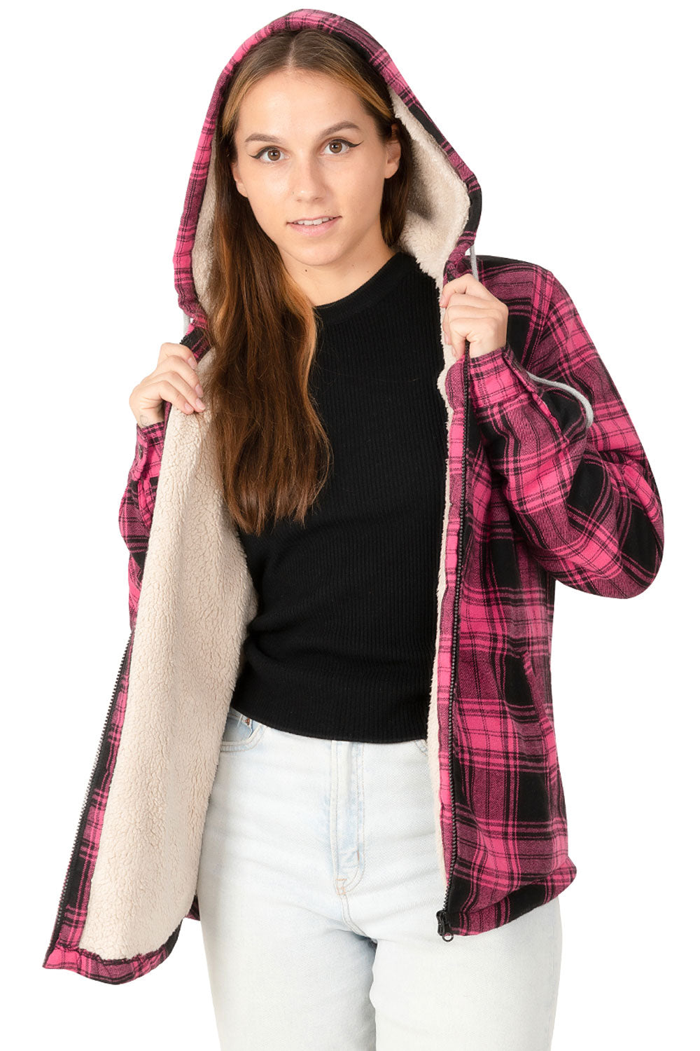 Women's sherpa-lined flannel jacket with a full zip-up design, featuring a hood and plaid pattern, perfect for chilly weather.
