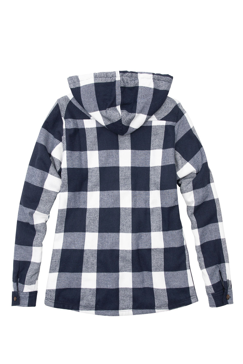 Women's sherpa-lined flannel jacket with a full zip-up design, featuring a hood and plaid pattern, perfect for chilly weather.