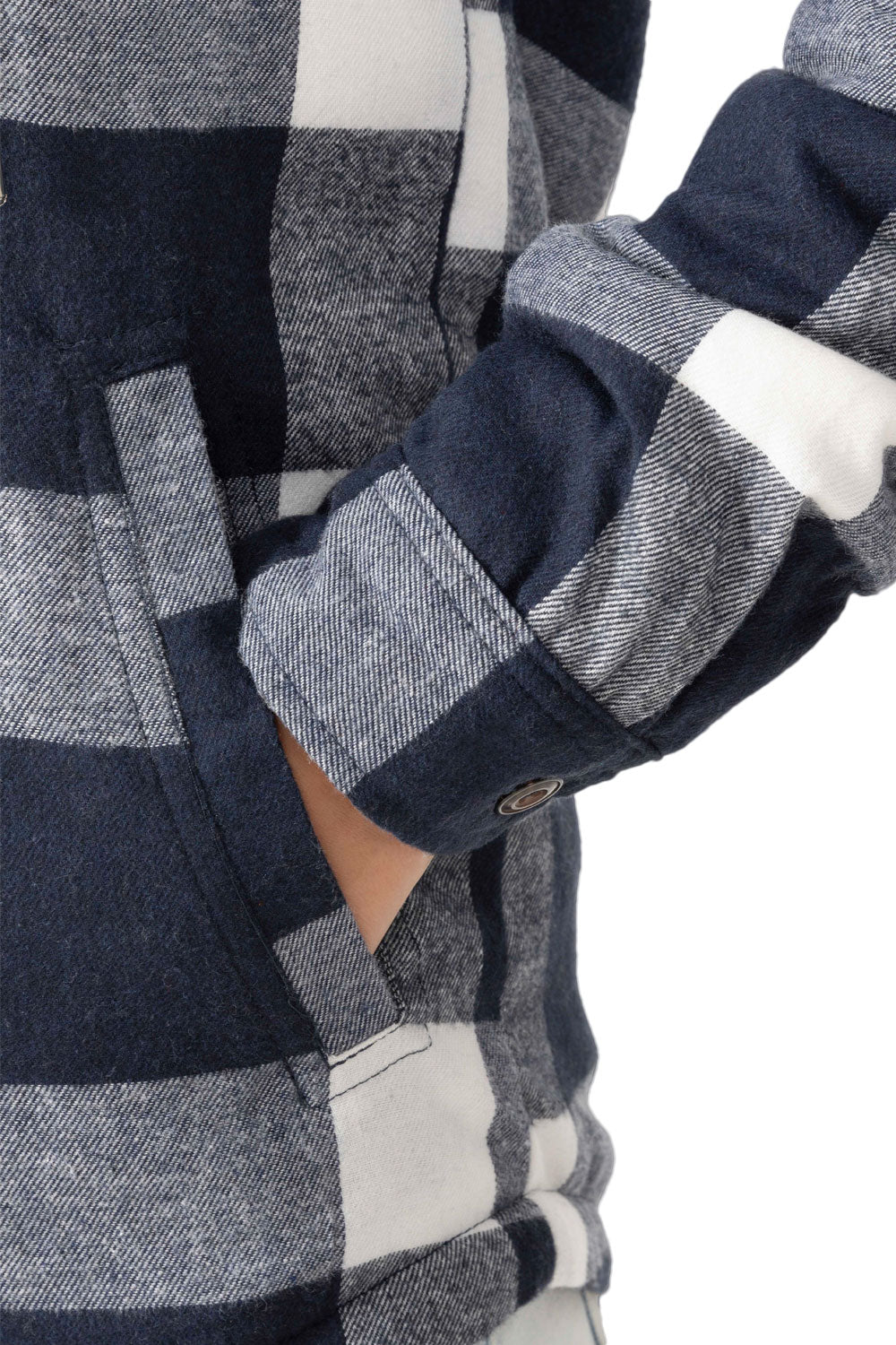 Women's sherpa-lined flannel jacket with a full zip-up design, featuring a hood and plaid pattern, perfect for chilly weather.