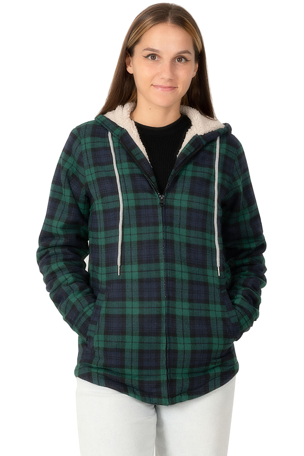 Women's sherpa-lined flannel jacket with a full zip-up design, featuring a hood and plaid pattern, perfect for chilly weather.