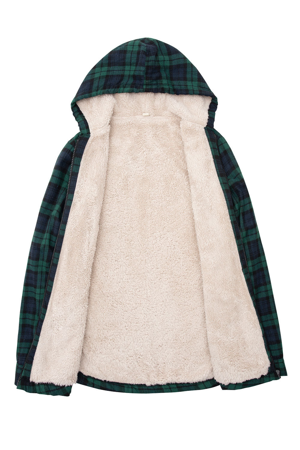 Women's sherpa-lined flannel jacket with a full zip-up design, featuring a hood and plaid pattern, perfect for chilly weather.