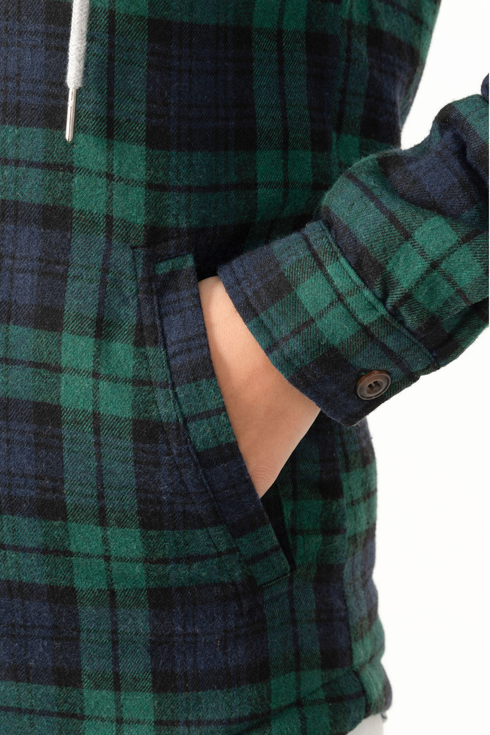 Women's sherpa-lined flannel jacket with a full zip-up design, featuring a hood and plaid pattern, perfect for chilly weather.